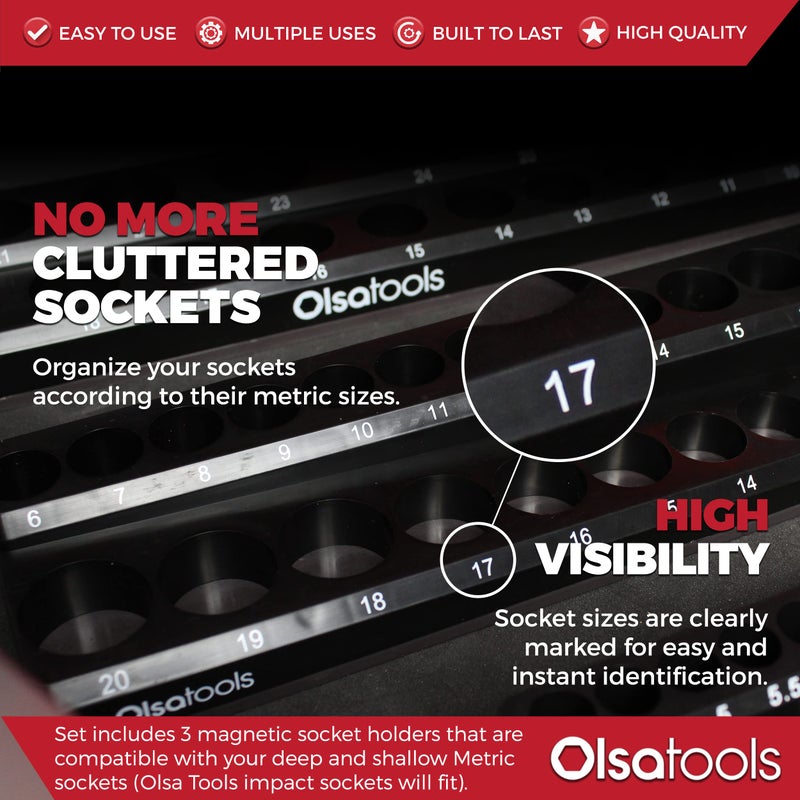 Olsa Tools Magnetic Socket Organizer | 3 Piece Socket Holder Kit | 1/2-Inch, 3/8-Inch, & 1/4-Inch Drive | Metric Black | Holds 75 Sockets | Professional-Grade - Image 2